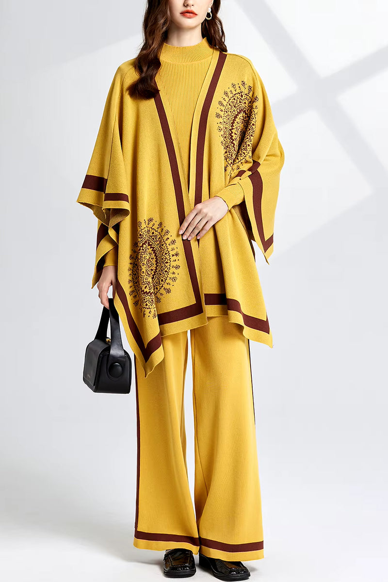 Woman wearing a mustard yellow outfit with brown accents on a white background