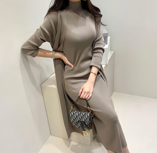 Knit Dress Suit with Long Cardigan-Coat