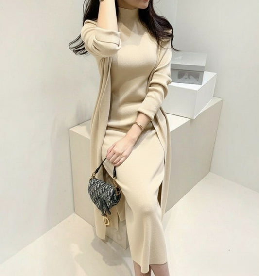 Knit Dress Suit with Long Cardigan-Coat