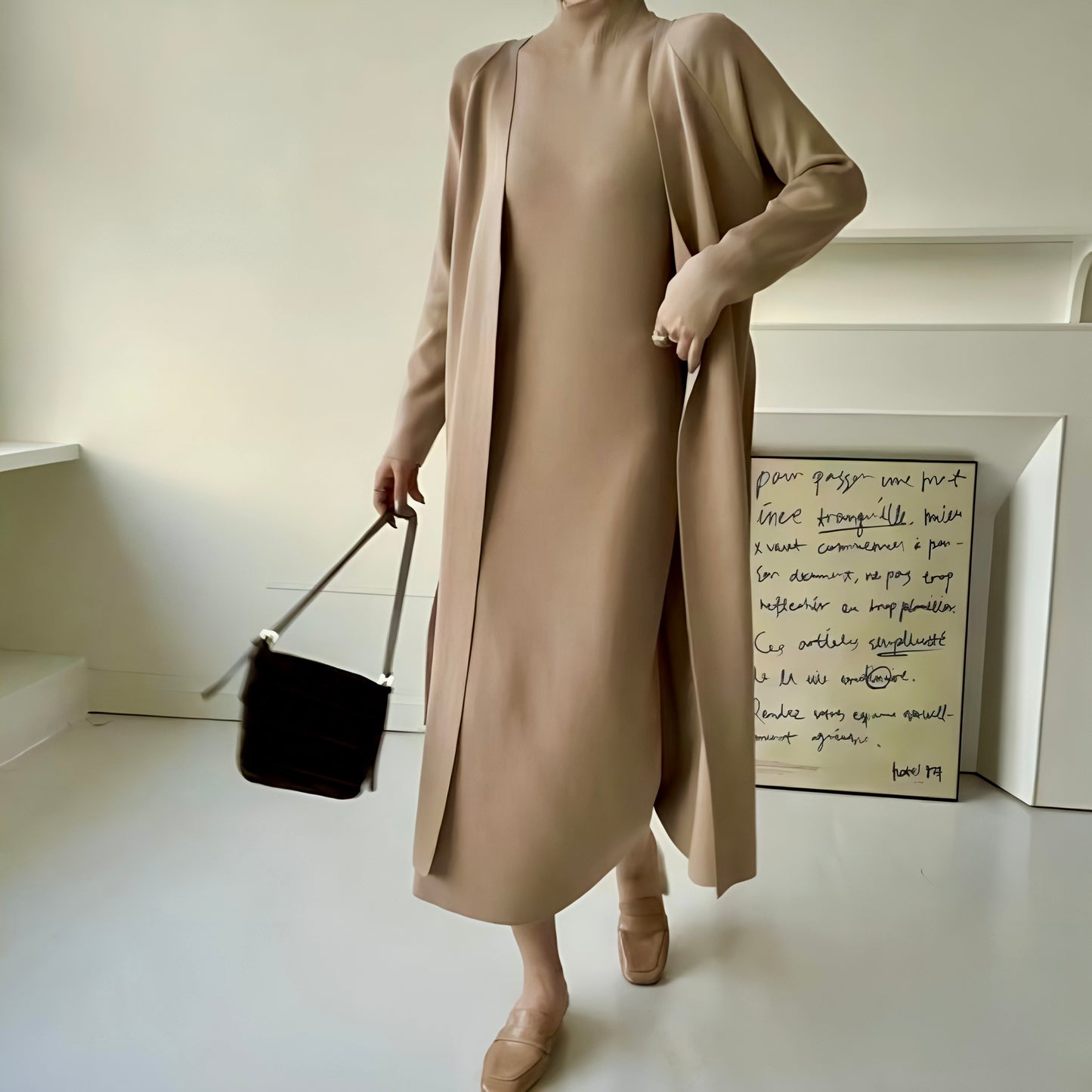 Knit Dress Suit with Long Cardigan-Coat