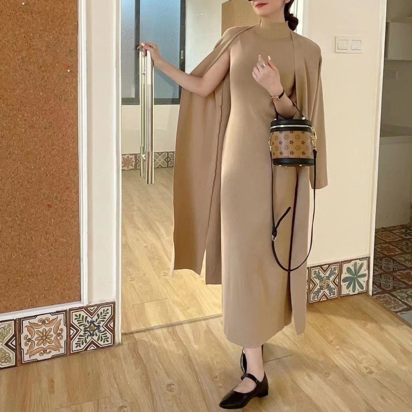 Knit Dress Suit with Long Cardigan-Coat