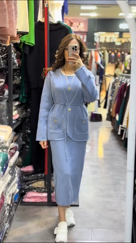 Belted jacket and skirt, two-piece set