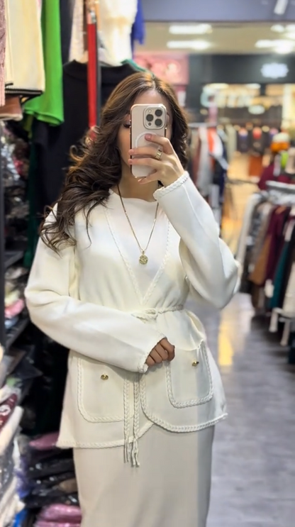 Belted jacket and skirt, two-piece set