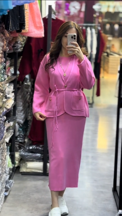 Belted jacket and skirt, two-piece set