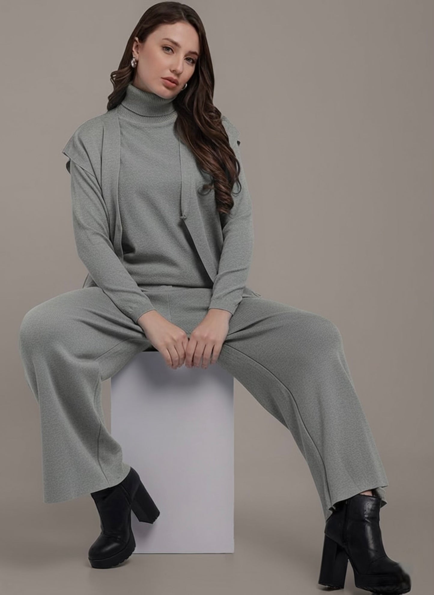 Grey Knitted Three-Piece Set