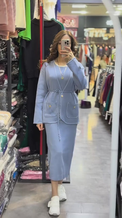 Belted jacket and skirt, two-piece set